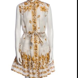 Zimmermann White and Gold Ruffled Long Sleeve Sundress